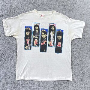 Vintage 1989 Tesla the Band Hang Tough Tour White T-Shirt Unisex XL